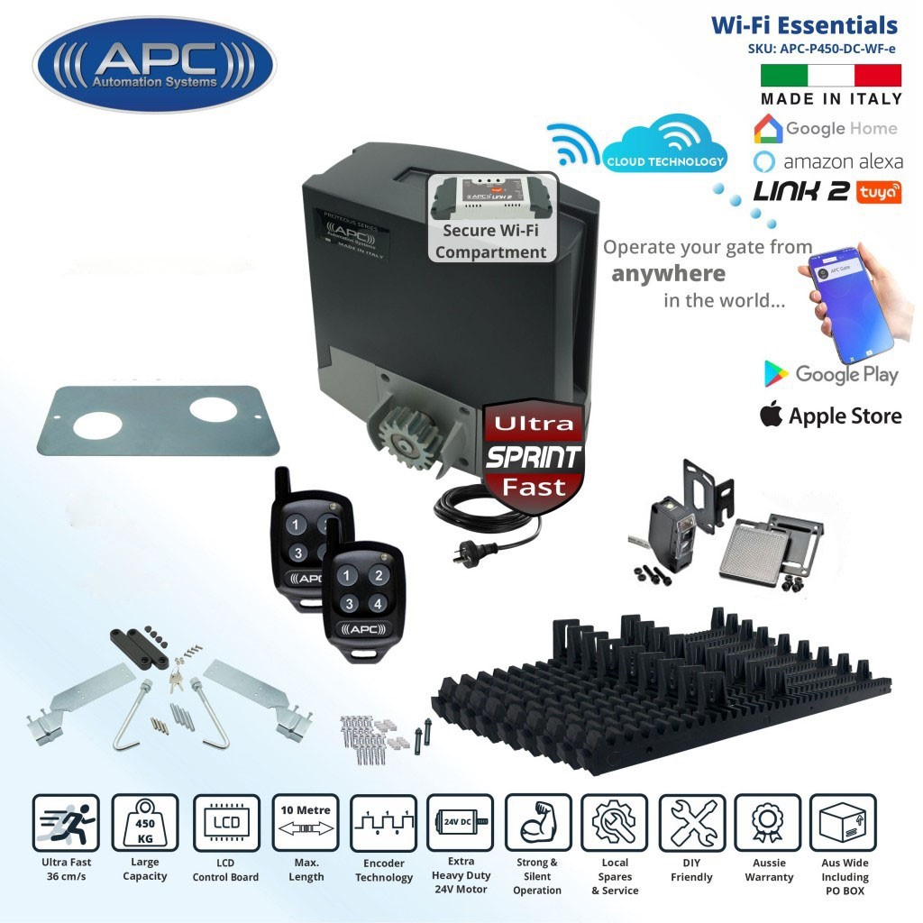 Electric Gate Automation Wi-Fi Kit with APC Proteous 450 Sprint, AC to 24V DC ULTRA Fast Sliding Gate Opener, Extra Heavy Duty Italian Made Gate Automation with Encoder System